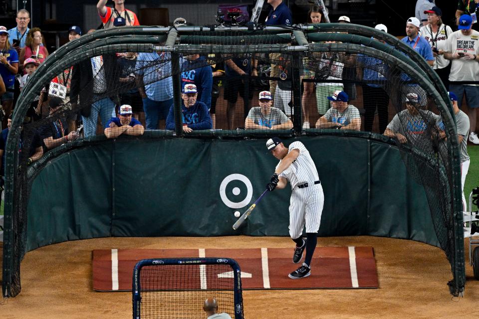 American League All-Star Aaron Judge of the Yankees takes batting practice, July 15, 2024, in Arlington, Texas.