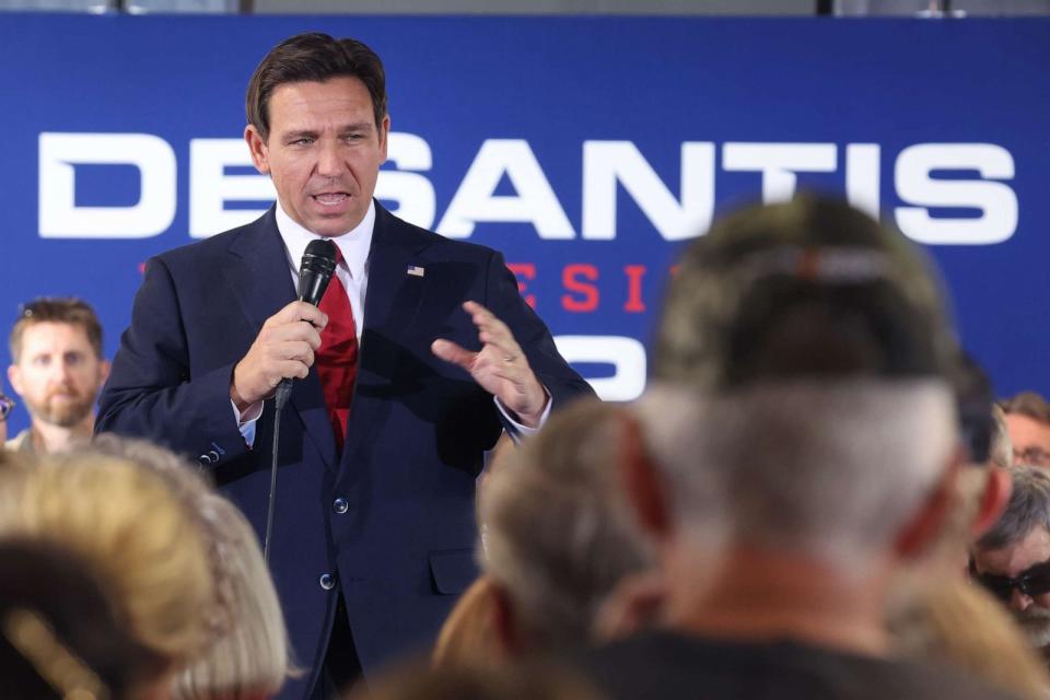 PHOTO: Republican presidential candidate Florida Governor Ron DeSantis speaks to guests during a campaign event at Refuge City Church, Oct. 8, 2023, in Cedar Rapids, Iowa. (Scott Olson/Getty Images)