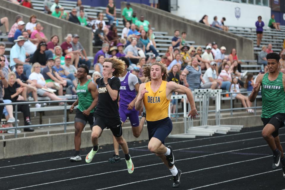 Delta junior Quinn Backus won the 100m and 200m dashes at the Muncie Central boys track and field sectional on Thursday, May 19, 2022.