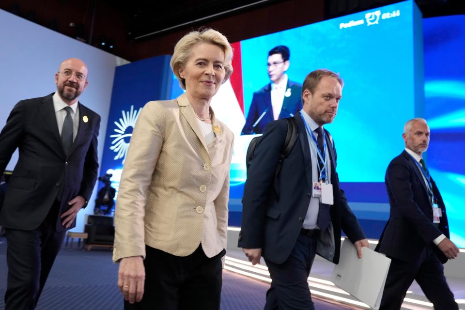 President of the European Commission Ursula von der Leyen walks after speaking at the summit (AP)