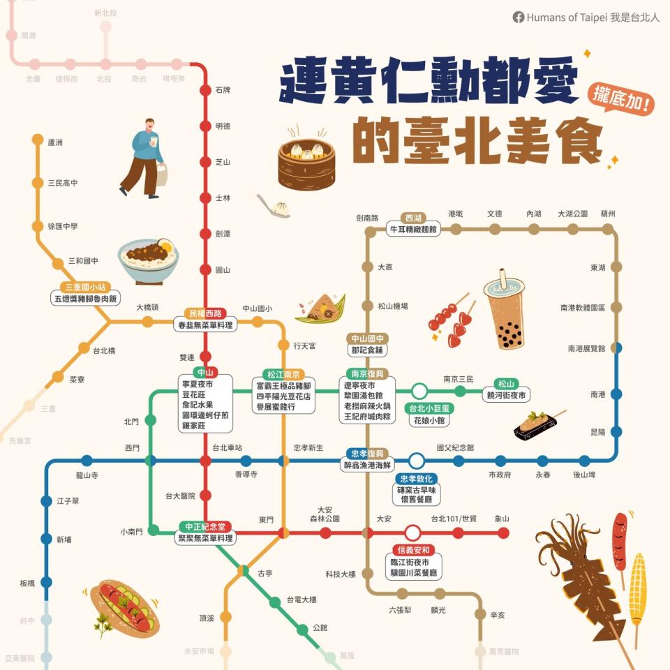 連黃仁勳都愛的臺北美食捷運地圖。台北市觀傳局提供