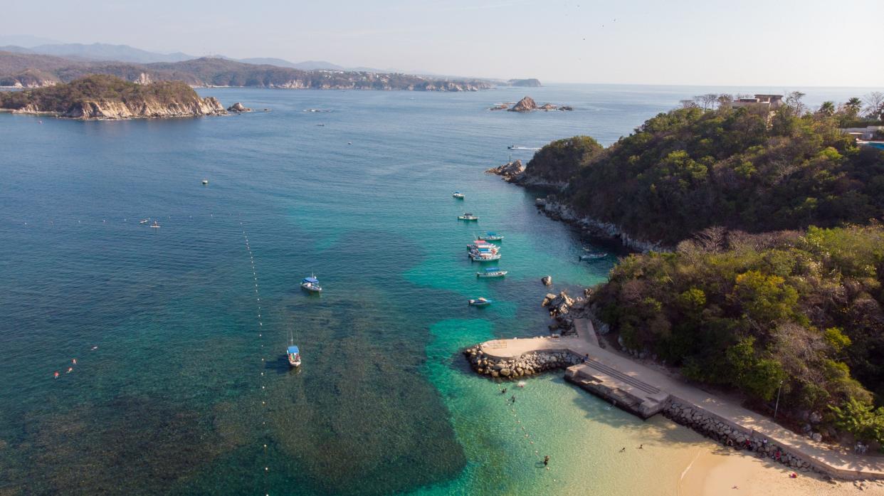 BahÃ­a de Huatulco La Entrega, Oaxaca Mexico, aerial photography with drone. blue colored beach