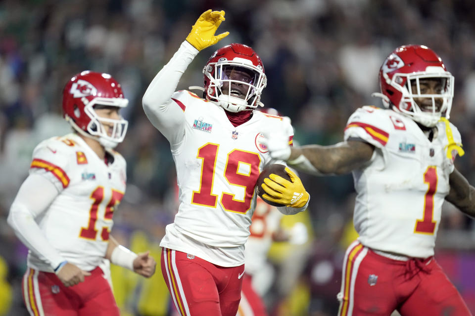 Kansas City Chiefs wide receiver Kadarius Toney (19) celebrates his touchdown against the Philadelphia Eagles during the second half of the NFL Super Bowl 57 football game, Sunday, Feb. 12, 2023, in Glendale, Ariz. (AP Photo/Ashley Landis)