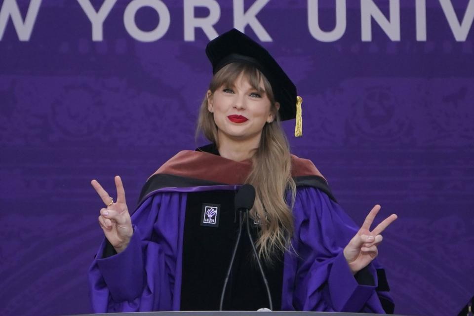 Taylor Swift speaks during a graduation ceremony for New York University at Yankee Stadium in New York, Wednesday, May 18, 2022. | Seth Wenig, Associated Press