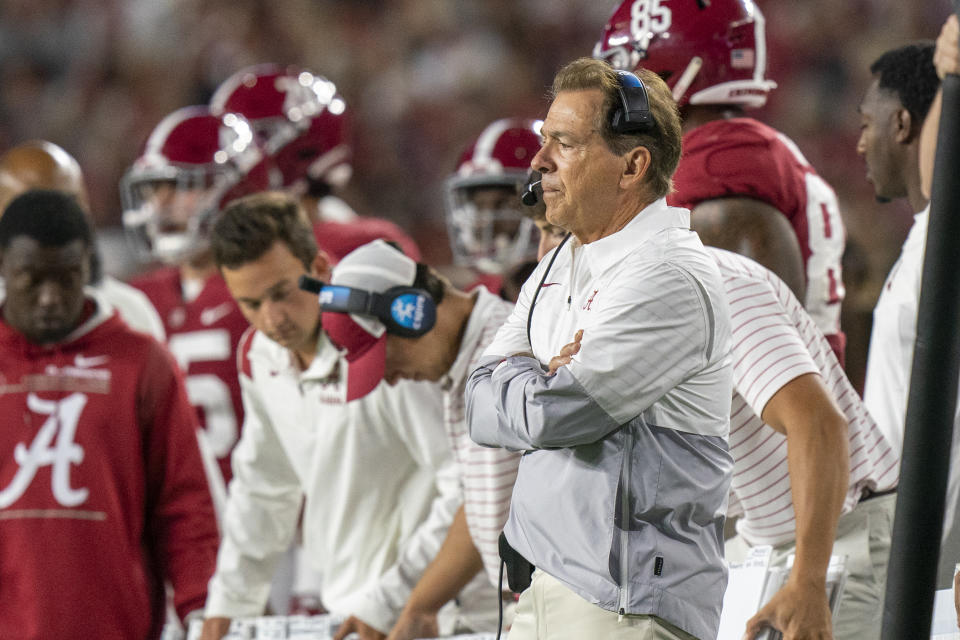 Oct. 8, 2022; Tuscaloosa; Alabama Crimson Tide head coach Nick Saban reacts during the second half against the Texas A&M Aggies at Bryant-Denny Stadium. Marvin Gentry-USA TODAY Sports