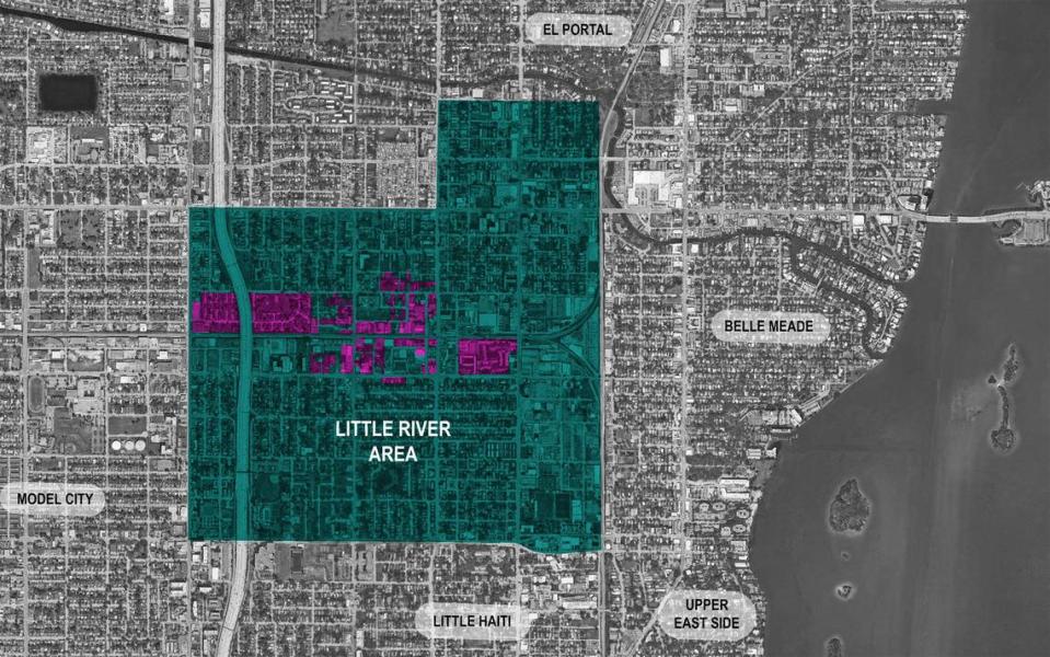 Una amplia propuesta de reurbanización que abarca las propiedades sombreadas en morado en este mapa aportaría 5,000 apartamentos asequibles y para trabajadores, grandes almacenes y una nueva estación de Tri-Rail a los vecindarios de Little River y el Pequeño Haití, que se solapan en Miami.