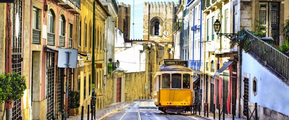 Lisbon street with the Cathedral in the background