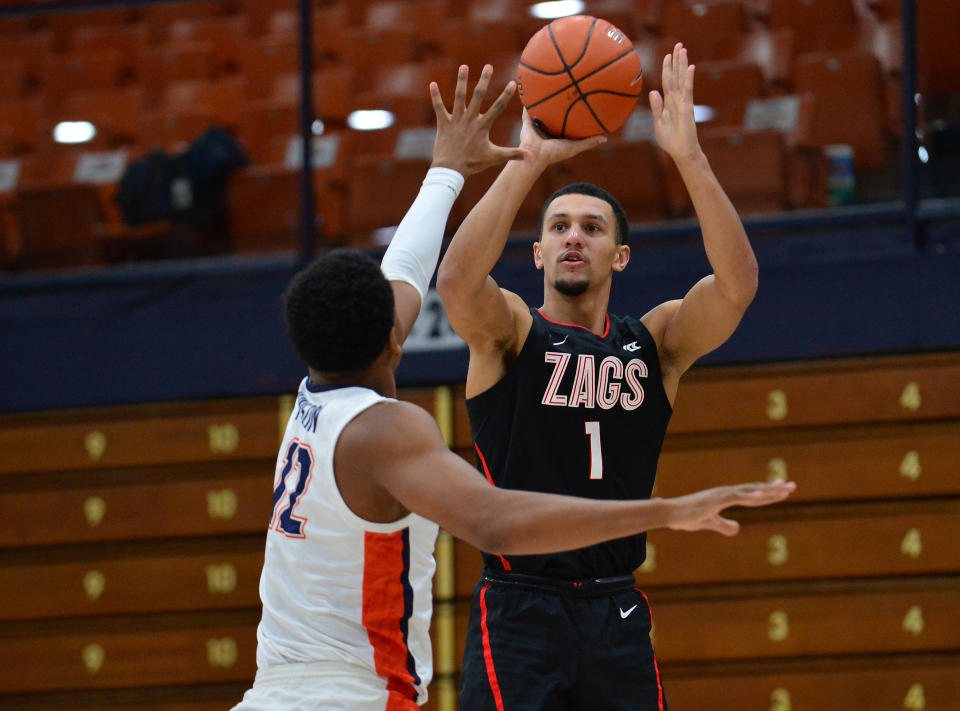 Gonzaga Bulldogs guard Jalen Suggs (1) shoots against Pepperdine during a game. (Gary A. Vasquez-USA TODAY Sports)