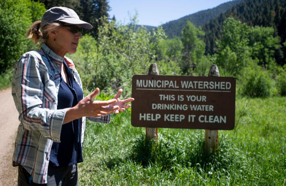 Laura Ziemer, the senior counsel and water policy advisor for Trout Unlimited, discusses water use in Gallatin County during a hike along Bozeman Creek near Bozeman, Mont., on June 16, 2021.