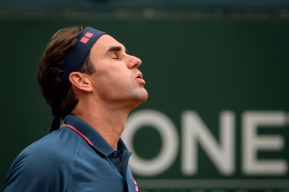 Seen here, Roger Federer reacts during his ATP 250 Geneva Open tennis match against Pablo Andujar.