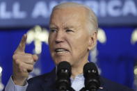 President Joe Biden speaks at a campaign event, Tuesday, April 16, 2024, in Scranton, Pa. Biden has begun three straight days of campaigning in Pennsylvania in his childhood hometown of Scranton. The Democratic president is using the working class city of roughly 75,000 as the backdrop for his pitch for higher taxes on the wealthy. (AP Photo/Alex Brandon)