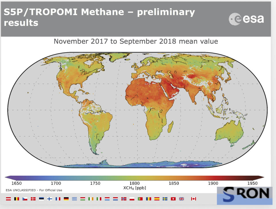 The undated artist rendering provided by ESA methane concentration in the atmosphere as traced by the Tropomi instrument aboard the Sentinel-5P satellite which is the first Copernicus mission dedicated to monitoring our atmosphere. (ESA via AP)