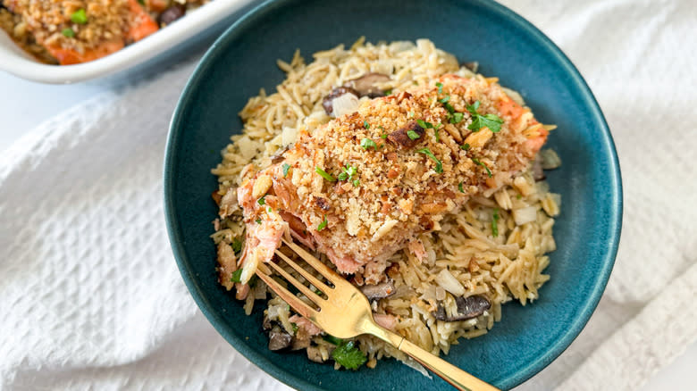 orzo bowl with crumbed salmon