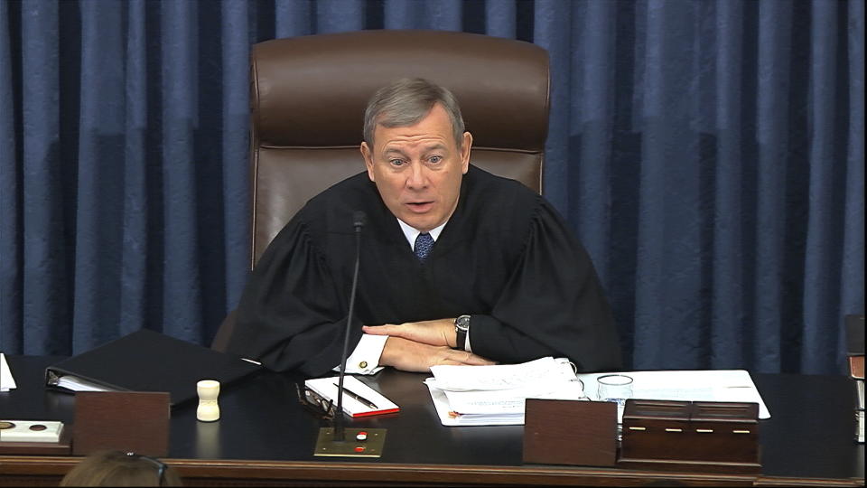 In this image from video, presiding officer Supreme Court Chief Justice John Roberts speaks during the impeachment trial against President Donald Trump in the Senate at the U.S. Capitol in Washington, Saturday, Jan. 25, 2020. (Senate Television via AP)