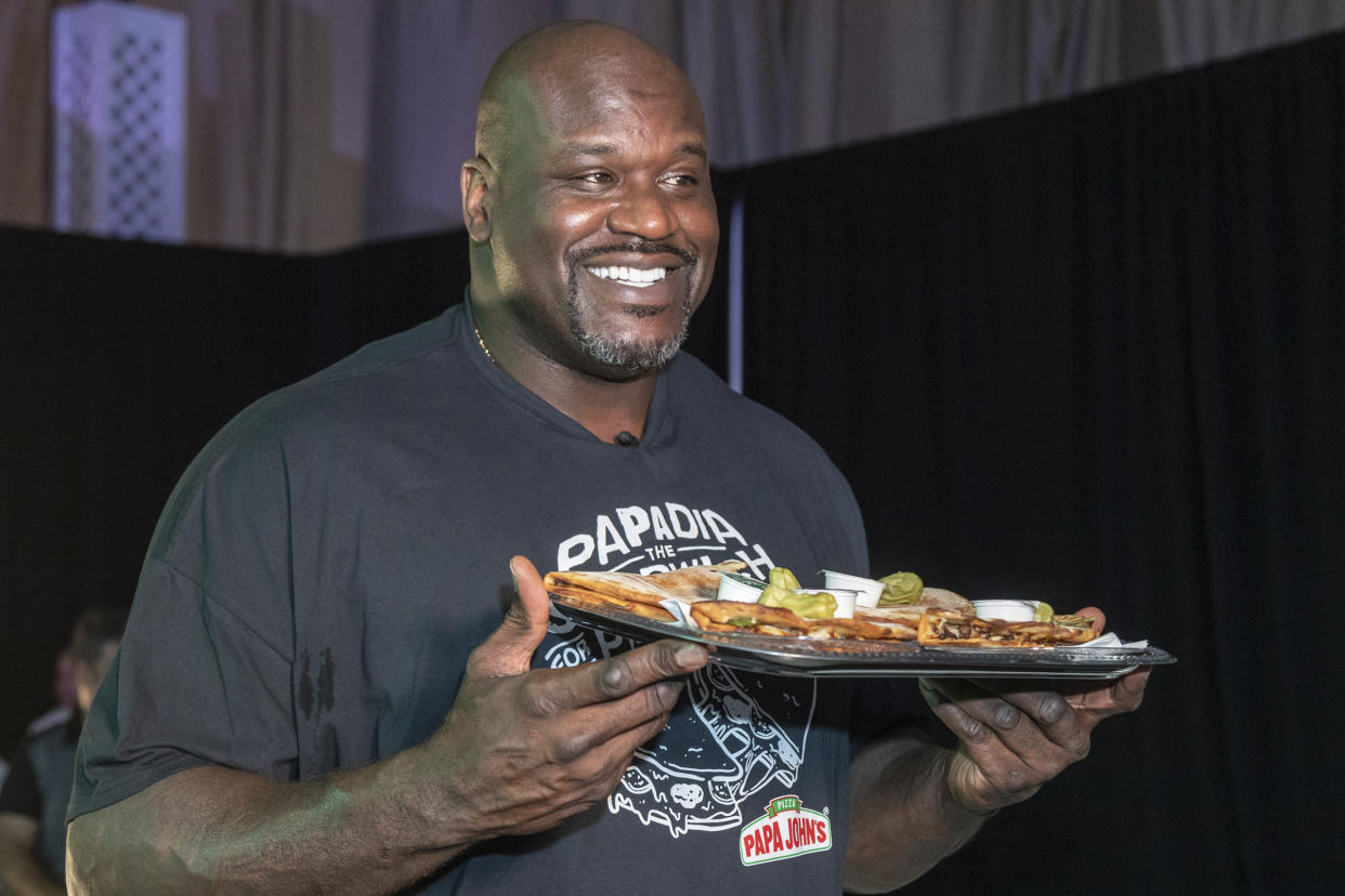 Former professional basketball player and Papa John's Board of Directors member, Shaquille O'Neal, teams up with Papa John's to celebrate the launch of the brand's all new Papadia at Shaq's Fun House on Friday, Jan. 31, 2020 in Miami. (Manuel Mazzanti/AP Images for Papa John's Pizza)
