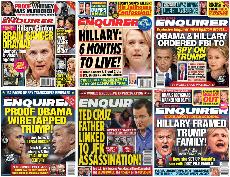 This combination photo shows various covers of the National Enquirer with headlines showing President Donald Trump's opponents in a negative light. Former Enquirer employees who spoke to AP said negative stories about Trump were dead on arrival dating back more than a decade as part of its cozy relationship with him. The tabloid endorsed Trump for president in 2016, the first time it had ever officially backed a candidate.