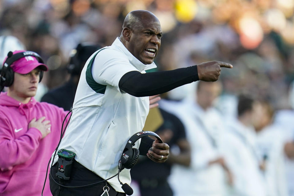 Michigan State head coach Mel Tucker yells from the sideline during the second half of an NCAA college football game against Purdue in West Lafayette, Ind., Saturday, Nov. 6, 2021. (AP Photo/Michael Conroy)