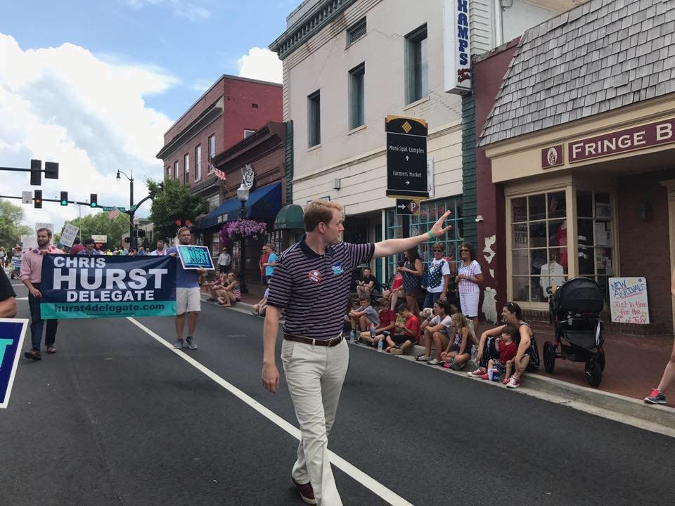Chris Hurst, Democratic candidate for Virginia's House of Delegates, waves to the crowd at the Independence Day parade in Blacksburg, Virginia. (Photo: Chris Hurst Campaign)