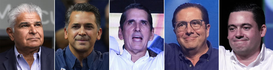 Esta combinación de imágenes muestra a los favoritos a las elecciones presidenciales de Panamá del 5 de mayo de 2024 de un grupo de 8. De izquierda a derecha, José Raúl Mulino del Partido Alcanzando Metas, el 1 de mayo; Ricardo Lombana del Movimiento Otro Camino, el 30 de abril; Rómulo Roux, de Cambio Democrático, el 28 de abril; el expresidente Martín Torrijos, del Partido Popular, el 27 de abril; y el vicepresidente José Gabriel Carrizo, del Partido Revolucionario Democrático, el 1 de mayo, todos en Ciudad de Panamá. (Fotos/Archivos AP)