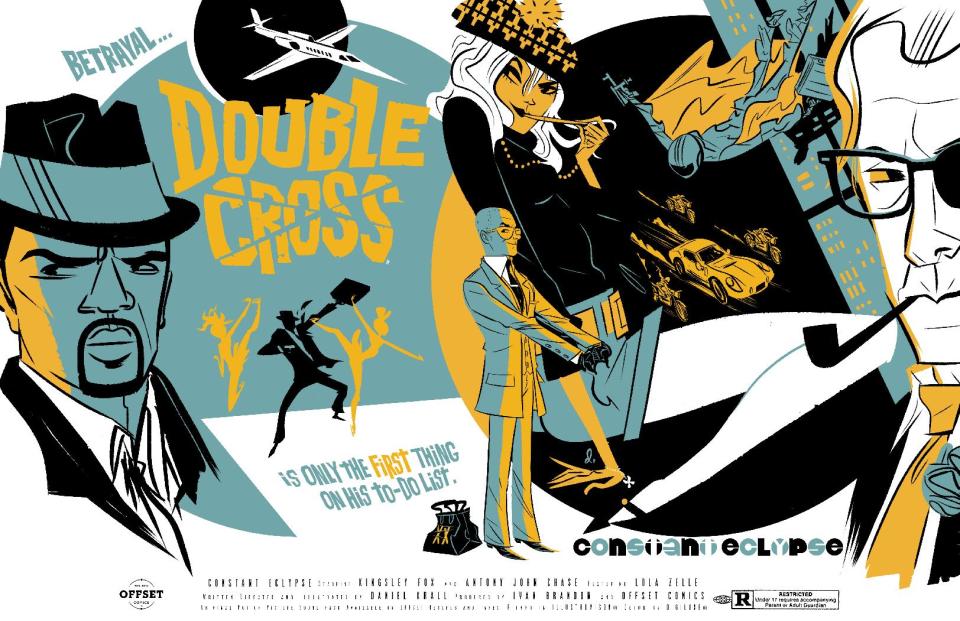 This comic image released by OFFSET LAB, Inc., shows an issue of "Doublecross." The imprint is making its debut at New York Comic Con this week, touting three offerings _ “Destroy,” “Doublecross” and “Deathface” _ with more on the horizon. Thanks to the proliferation of digital comics as a medium, people _ whether readers, creators, comics fans or other _ no longer have to worry about rules like 22-pages in a comic or a certain number of colors or even the size of a page on which to draw. (AP Photo/OFFSET LAB, Inc)