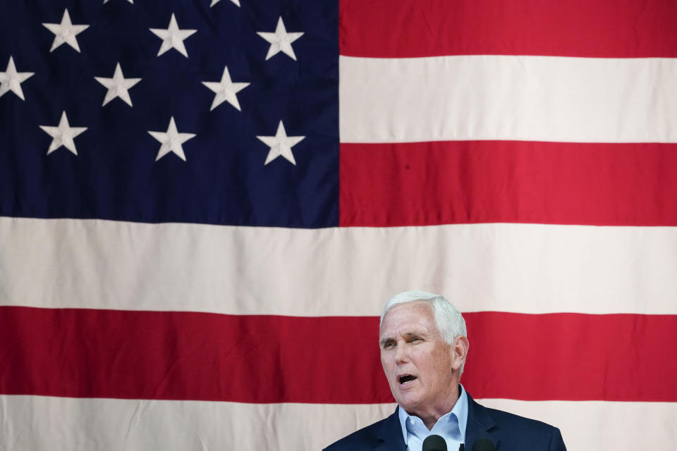 Former Vice President Mike Pence speaks on behalf of Georgia Gov. Brian Kemp during a rally, Monday, May 23, 2022, in Kennesaw, Ga. Pence is opposing former President Donald Trump and his preferred Republican candidate for Georgia governor, former U.S. Sen. David Perdue. (AP Photo/Brynn Anderson)