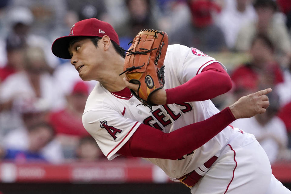 Los Angeles Angels starting pitcher Shohei Ohtani throws to the plate during the second inning of a baseball game against the Boston Red Sox Thursday, June 9, 2022, in Anaheim, Calif. (AP Photo/Mark J. Terrill)