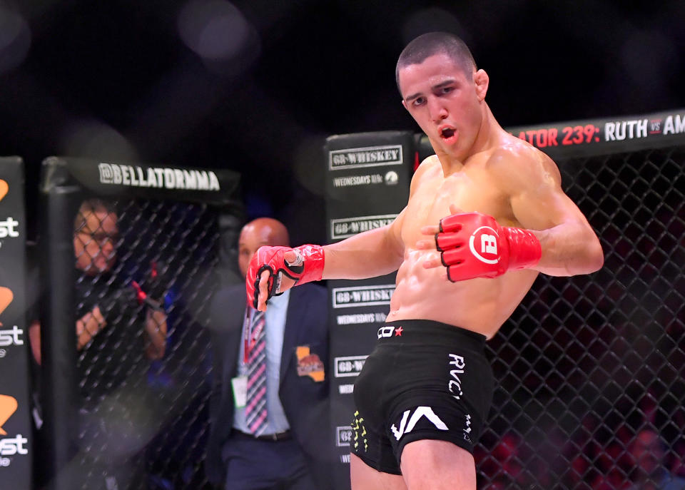 INGLEWOOD, CA - JANUARY 25: Aaron Pico celebrates in the cage after defeating Daniel Carey in their featherweight fight at The Forum on January 25, 2020 in Inglewood, California. (Photo by Jayne Kamin-Oncea/Getty Images)