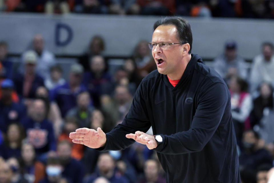 Georgia coach Tom Crean reacts to a call during the first half of the team's NCAA college basketball game against Auburn on Wednesday, Jan. 19, 2022, in Auburn, Ala. (AP Photo/Butch Dill)