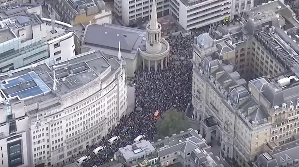 Aerial footage captures thousands of pro-Palestine protesters marching through London last Saturday (14 October) (Reuters)
