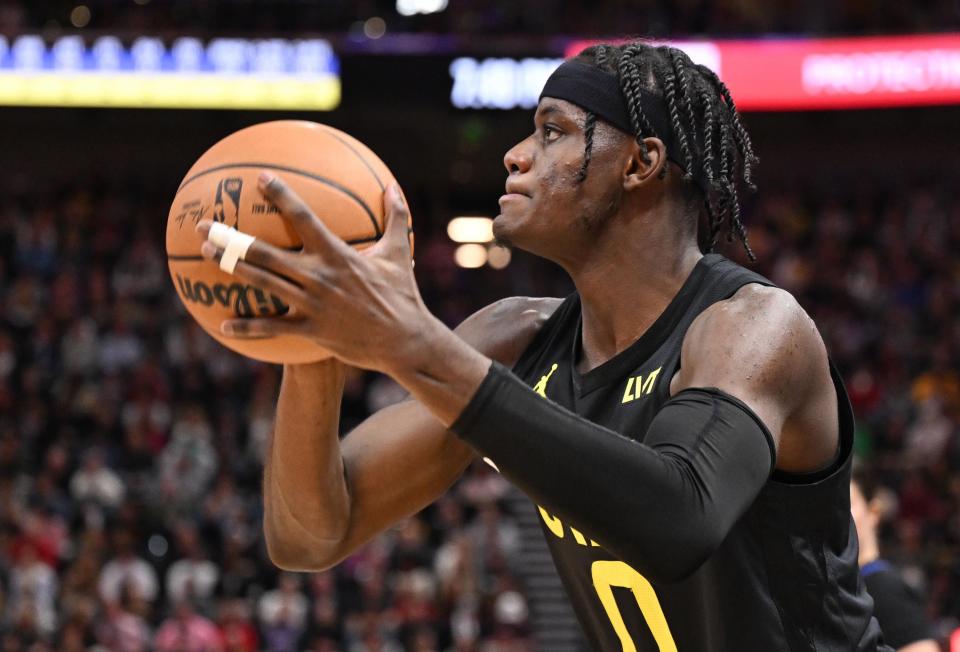 Utah Jazz forward Taylor Hendricks (0) goes up for a 3-point shot as the Utah Jazz and the Los Angeles Lakers play at the Delta Center in Salt Lake City on Wednesday, Feb. 14, 2024. | Scott G Winterton, Deseret News