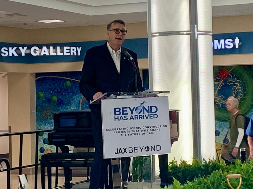 Jacksonville Aviation Authority CEO Mark VanLoh delivers remarks during the ceremonial groundbreaking ceremony for a new concourse and parking garage at Jacksonville International Airport on May 10, 2024.