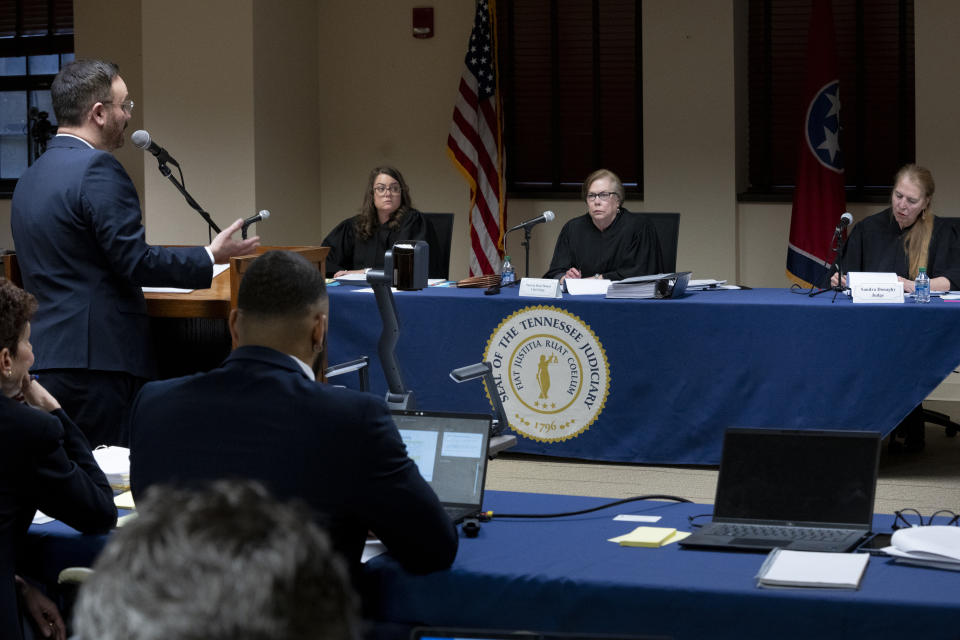 Attorney Marc Hearron, left, presents arguments for the plaintiffs in the Nicole Blackmon vs. the State of Tennessee case before a panel of judges, Thursday, April 4, 2024, in Nashville, Tenn. The case challenges the medical necessity exception to Tennessee's total abortion ban. (AP Photo/George Walker IV)