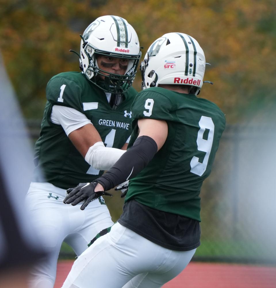 Morristown, NJ September 30, 2023 — Phillip Folmar and Austen Kivier of Delbarton after Folmar ran for a TD in the second half as Delbarton defeated Paramus Catholic 45-0 in an SFC United White Division contest played at Delbarton on September 30, 2023.