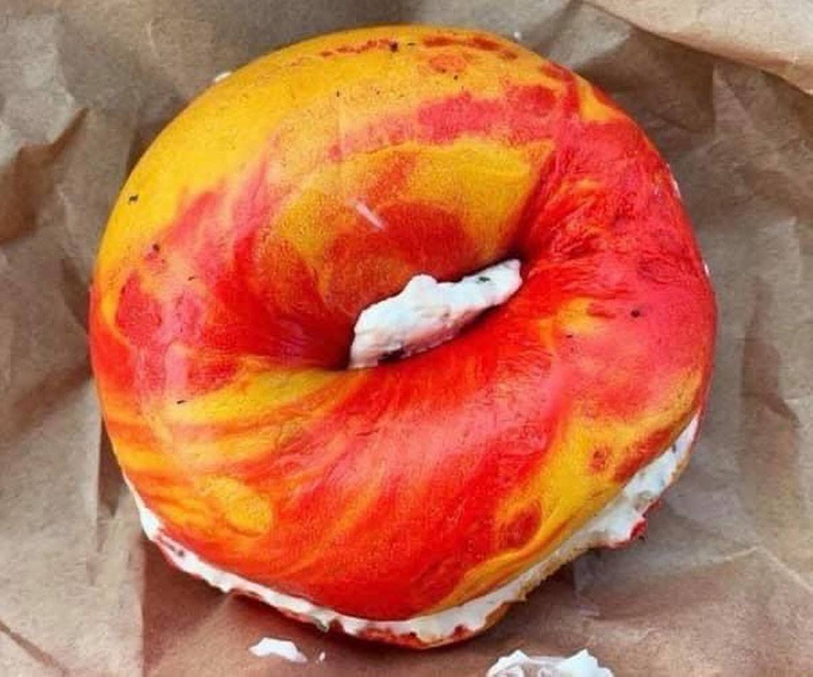 Meshuggah Bagels is offering Chiefs-themed red and yellow bagels.
