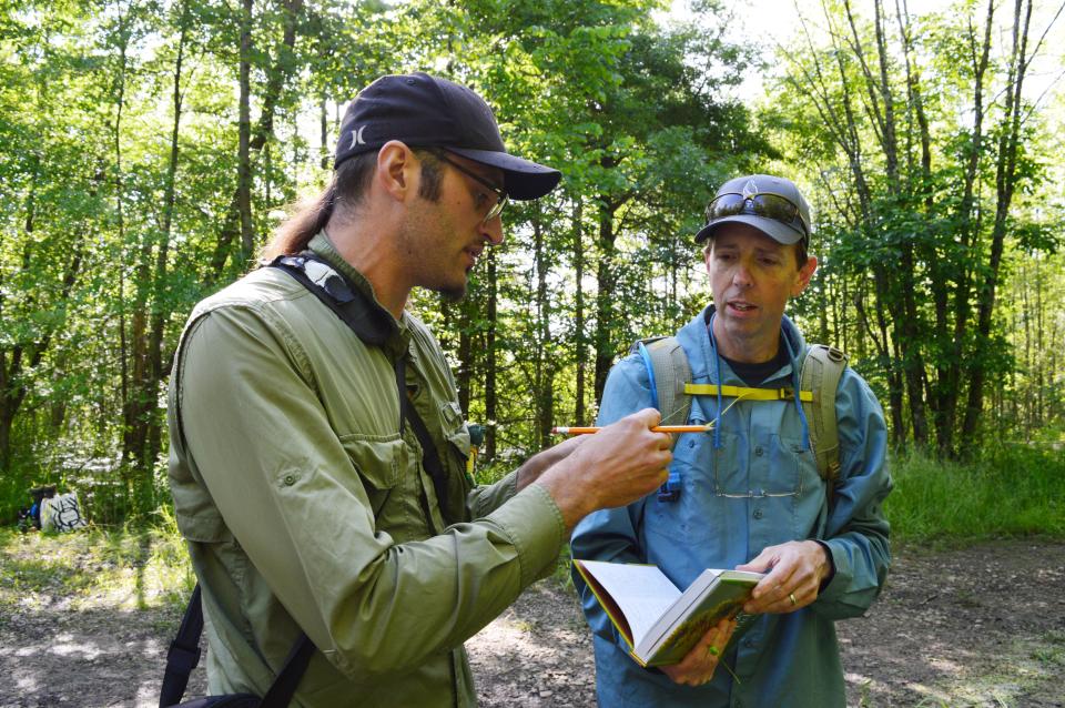 Botanist Nathanael J. Pilla, left, and John Taylor identify one of the plants along a trail in Beanblossom Bottoms Nature Preserve during the June 4, 2022, bioblitz.