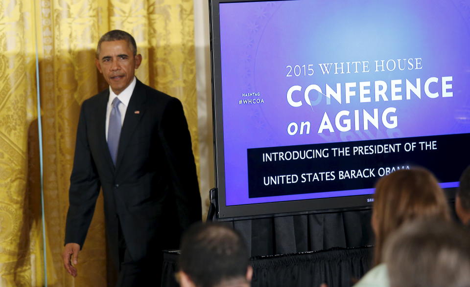 U.S. President Barack Obama arrives to speak during the 2015 White House Conference on Aging (WHCOA) at the White House in Washington July 13, 2015. REUTERS/Kevin Lamarque  