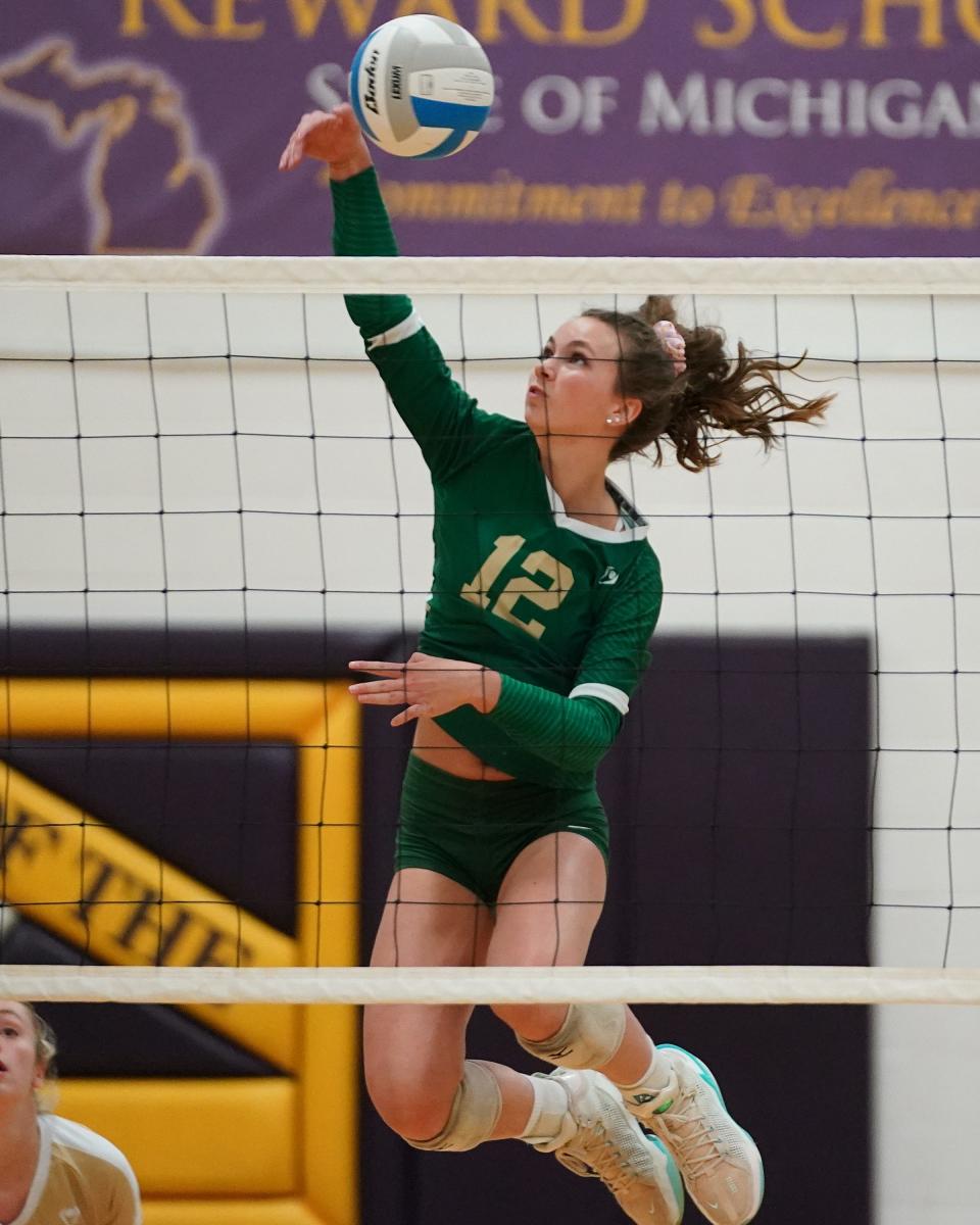 Jessica Costlow hits for St. Mary Catholic Central during a 25-7, 25-11, 25-12 over Whiteford Thursday in the semifinals of the Division 3 District at Blissfield.