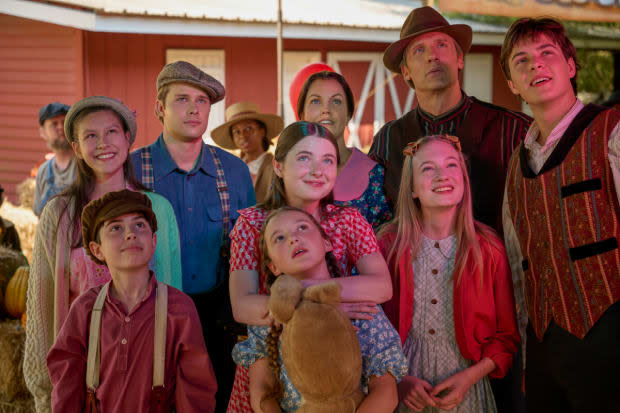 Pictured from left, front to back: Vivian Lee-Boulton as Edith, Logan Shroyer as John Boy Walton, Bellamy Young as Olivia Walton, Teddy Sears as John Walton, <a href="https://parade.com/1291312/kelseypelzer/best-christian-gifts/" rel="nofollow noopener" target="_blank" data-ylk="slk:Christian;elm:context_link;itc:0;sec:content-canvas" class="link ">Christian</a> Finlayson as Jason Walton, Samuel Goergon as Jim Bob Walton, Marcelle LeBlanc as Mary Ellen Walton, Tatum Sue Matthews as Erin Walton, and Callaway Corrick as Elizabeth Walton<p>Tom Griscom / The CW</p>