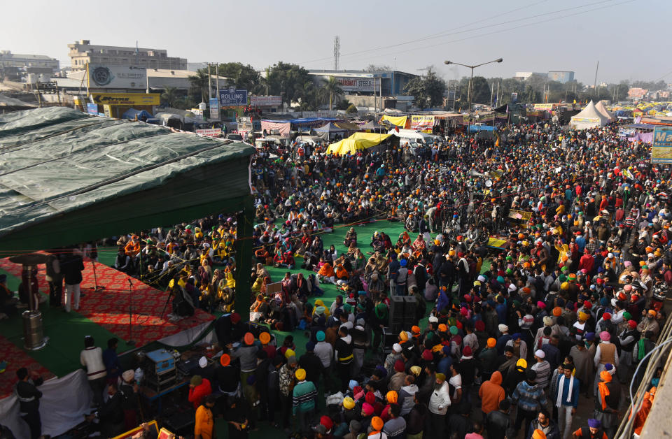 NEW DELHI, INDIA  DECEMBER 15: An overview of the Singhu Border protest site where farmers are camped in protest against new farm laws, near Delhi, on December 15, 2020 in New Delhi, India. Thousands of farmers have gathered on Delhis borders since November 26 to protest against the three contentious laws. They are protesting the three legislation The Farmers Produce Trade and Commerce (Promotion and Facilitation) Act, 2020, the Farmers (Empowerment and Protection) Agreement on Price Assurance and Farm Services Act, 2020 and the Essential Commodities. (Photo by Sanchit Khanna/Hindustan Times via Getty Images)