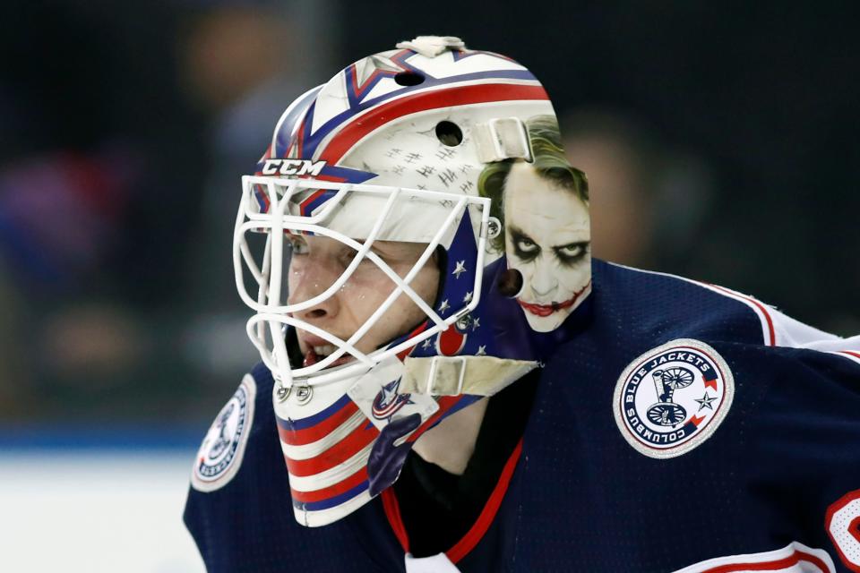 Columbus Blue Jackets goaltender Matiss Kivlenieks (80) is shown during the second period of an NHL hockey game in New York, in this Sunday, Jan. 19, 2020.