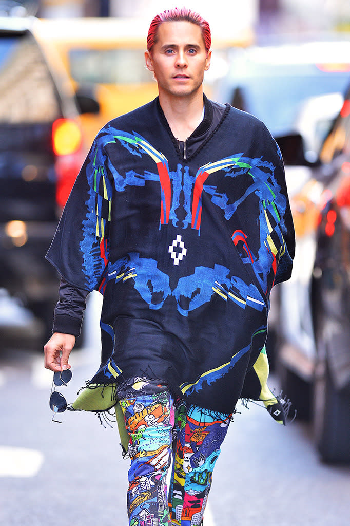 Jared Leto might have lost the green hair he sported to film his role as the Joker in the upcoming movie ‘Suicide Squad,’ but he proved during a walk in the Big Apple that he’s still a very colorful character. (Getty Images)