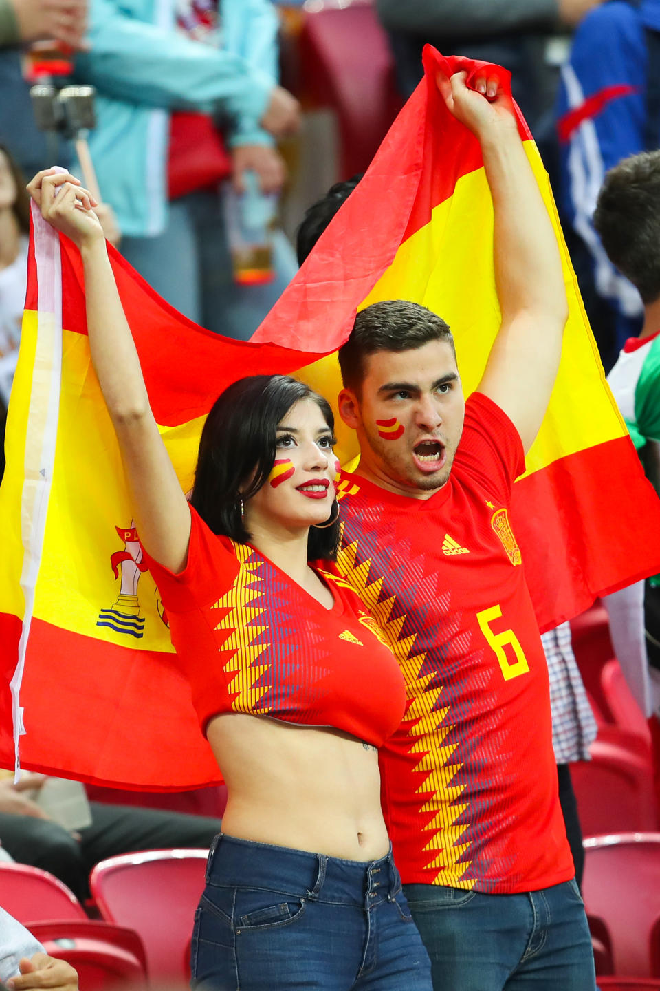 <p>Spain fans show their support prior to the 2018 FIFA World Cup Russia group B match between Iran and Spain at Kazan Arena on June 20, 2018 in Kazan, Russia. (Photo by Robbie Jay Barratt – AMA/Getty Images) </p>