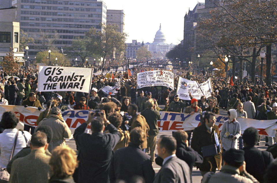 FILE - Anti-Vietnam war demonstrators mass on the Ellipse in Washington on May 9, 1970. They’re hallmarks of American history: protests, rallies, sit-ins, marches, disruptions. They date from the early days of what would become the United States to the sights and sounds currently echoing across the landscapes of the nation’s colleges and universities. (AP Photo/Charles Tasnadi, File)