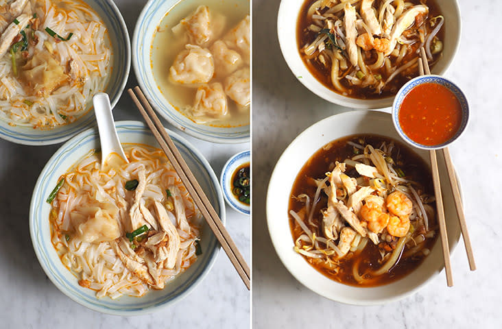 Their chicken shredded noodles has a very light taste and is topped with poached chicken and prawn 'wantans' (left). The 'lam mee' is served with a thick, gloopy broth that can be enhanced with a spicy chilli sauce (right)