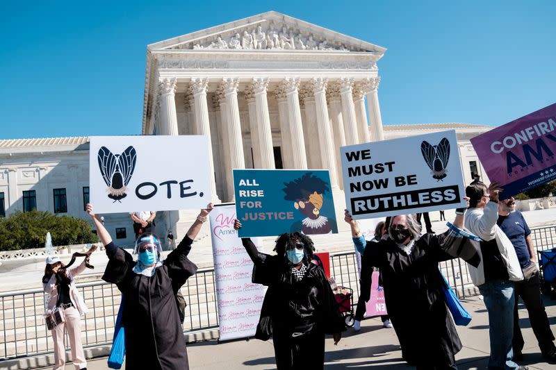 Women's March activists participate in a nationwide protest against U.S. President Donald Trump's decision to fill the seat on the Supreme Court