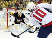 May 4, 2016; Pittsburgh, PA, USA; Pittsburgh Penguins goalie Matt Murray (30) makes a save against Washington Capitals center Mike Richards (10) during the third period in game four of the second round of the 2016 Stanley Cup Playoffs at the CONSOL Energy Center. Mandatory Credit: Charles LeClaire-USA TODAY Sports
