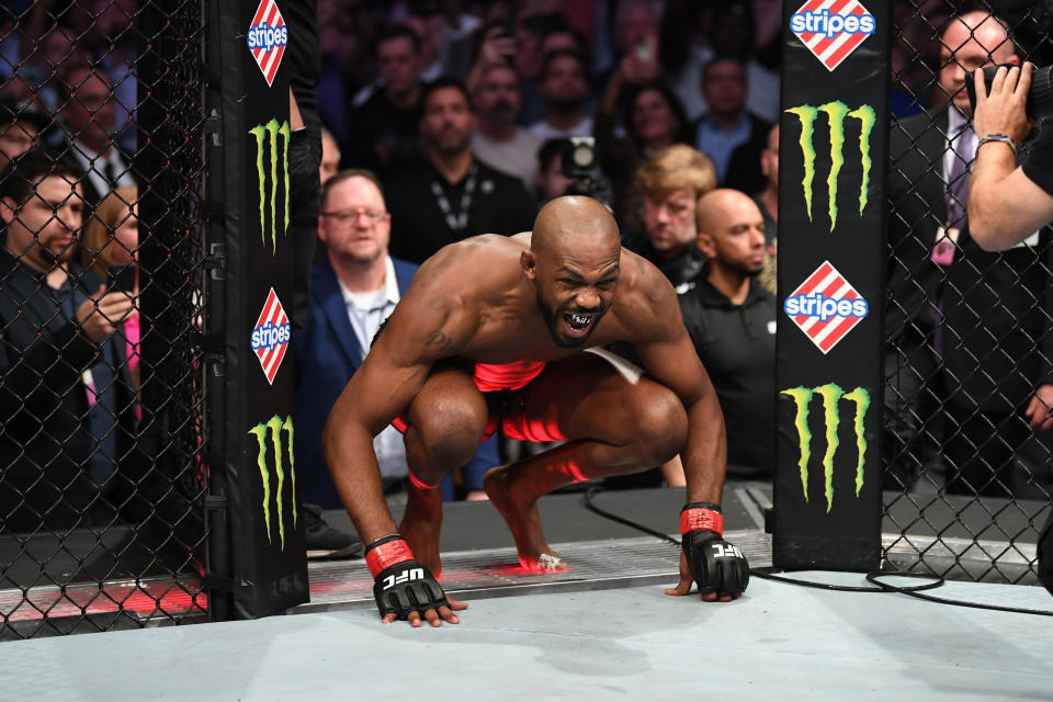 HOUSTON, TEXAS - FEBRUARY 08:  Jon Jones enters the octagon prior to his light heavyweight championship bout during the UFC 247 event at Toyota Center on February 08, 2020 in Houston, Texas. (Photo by Josh Hedges/Zuffa LLC via Getty Images)