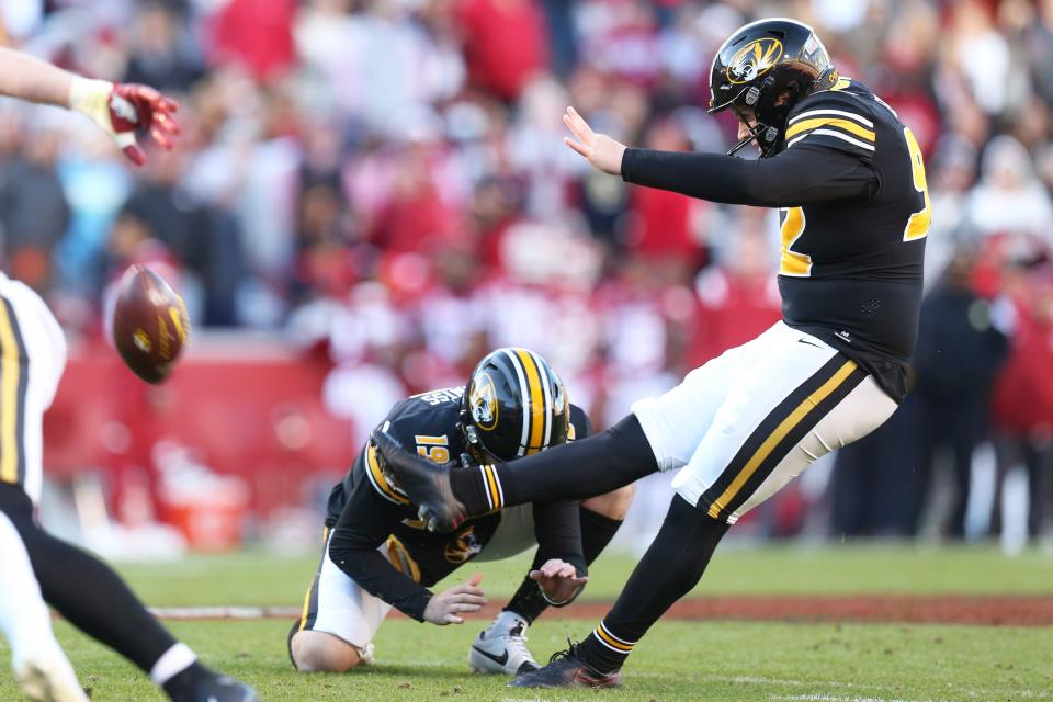 Missouri Tigers kicker Harrison Mevis (92) kicks a field goal during the first half against the Arkansas Razorbacks on Friday.