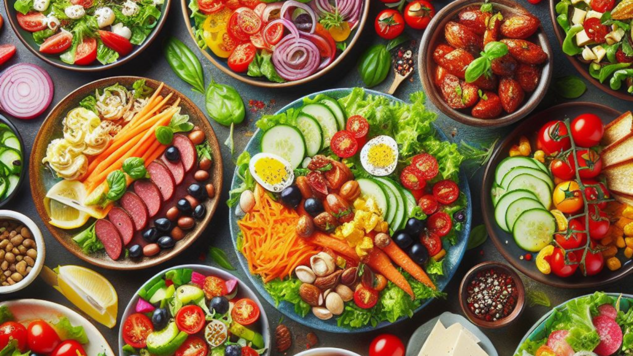 spread of different dinner salads