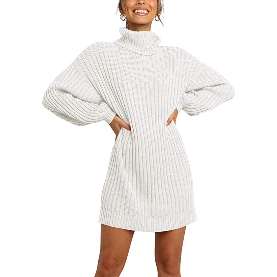 ANRABESS Women Turtleneck Long Lantern Sleeve Casual Loose Oversized Sweater Dress